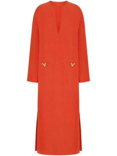 Shop Valentino V Gold Silk Midi Dress In Orange