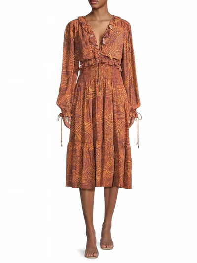 Shop Stellah Sand Garden Print Georgette Midi-dress In Brown Multi