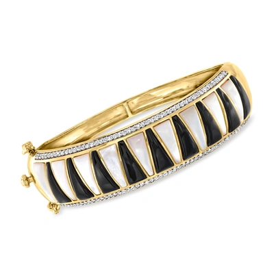 Shop Ross-simons Onyx And Mother-of-pearl Bangle Bracelet In 18kt Gold Over Sterling In Black