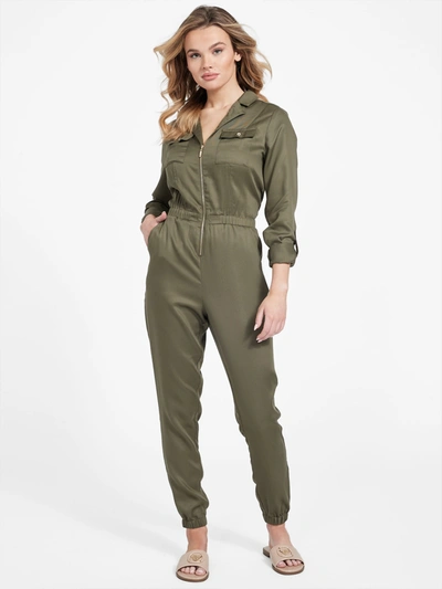 Shop Guess Factory Morgan Twill Jumpsuit In Green