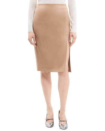 Shop Theory High Waist Side Slit Wool Skirt In Brown