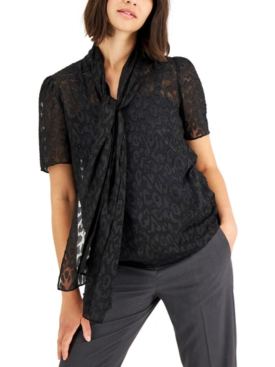 Shop Anne Klein Womens Burnout Tie Neck Blouse In Black