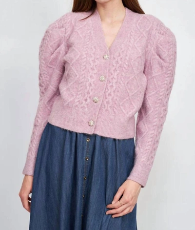 Shop En Saison Sirka Cable Knit Puffed Sleeve Cardigan In Lilac In Blue