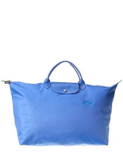 Shop Longchamp Le Pliage Green Small Canvas & Leather Travel Bag In Blue