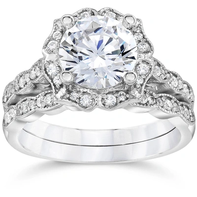 Pompeii3 2ct Diamond Halo Engagement Ring 14k White Gold Wedding Ring Set Lab Grown In Multi