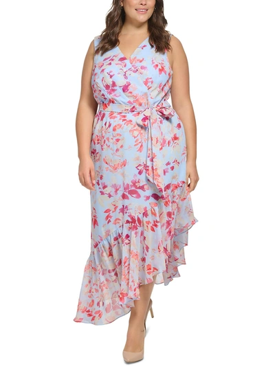 Shop Eliza J Plus Womens Chiffon Asymmetric Midi Dress In Multi