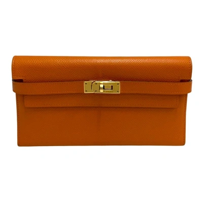 Shop Hermes Kelly Leather Wallet () In Orange