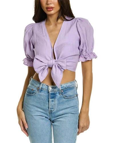 Shop Shani Shemer Kate Puffy Sleeve Linen Top In Purple