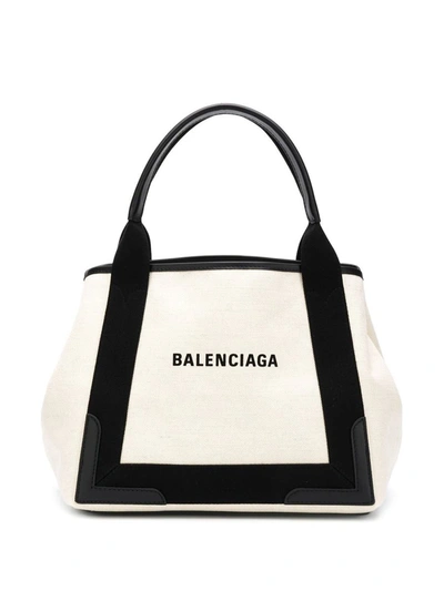 Shop Balenciaga Navy Cabas Small Tote Bag In White