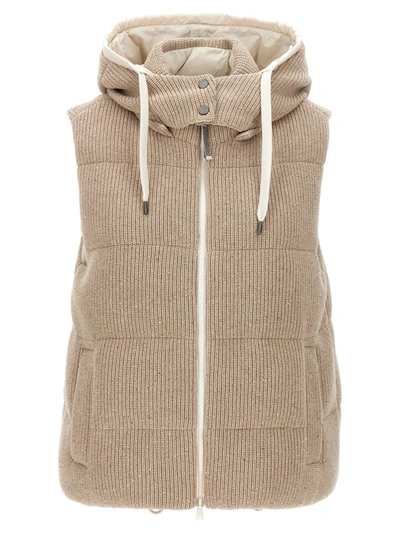 Brunello Cucinelli Cotton Knit Vest With Down Padding And Removable Hood In Beige