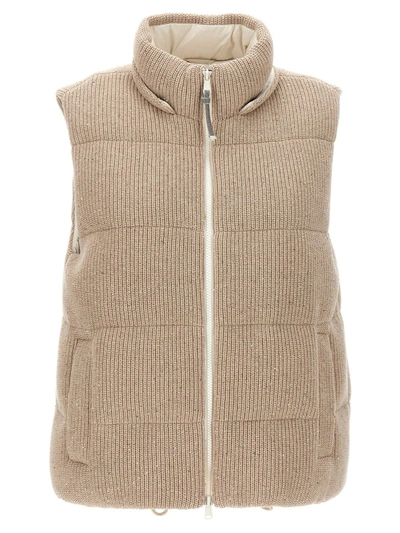 Brunello Cucinelli Cotton Knit Vest With Down Padding And Removable Hood In Beige