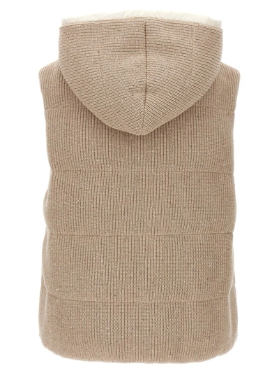 Brunello Cucinelli Cotton Knit Vest With Down Padding And Removable Hood In Beige