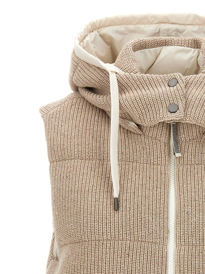 Brunello Cucinelli Cotton Knit Vest With Down Padding And Removable Hood In Beige