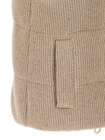 Brunello Cucinelli Cotton Knit Vest With Down Padding And Removable Hood In Beige