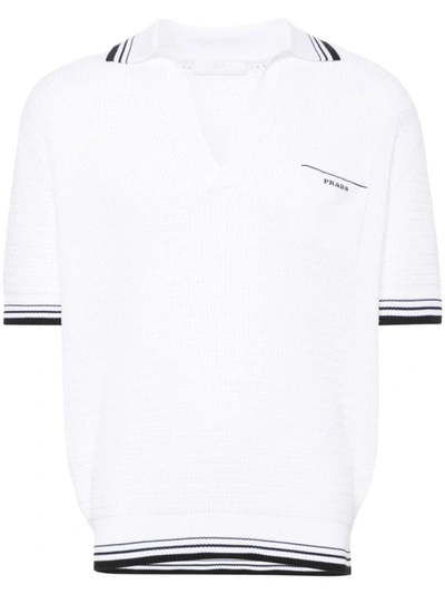 Shop Prada Logo-intarsia Polo Top In Bianco+nero