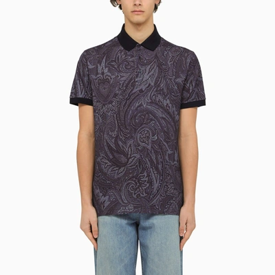 Etro Blue Short Sleeved Polo With Paisley Print In Blue