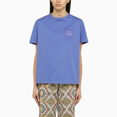 Shop Etro Cornflower-coloured Crew-neck T-shirt With Logo In Cotton In Blue