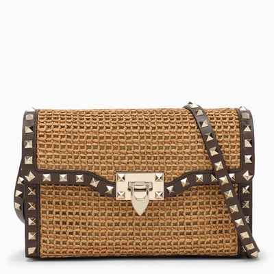 Shop Valentino Small Woven Raffia Rockstud Shoulder Bag In Brown
