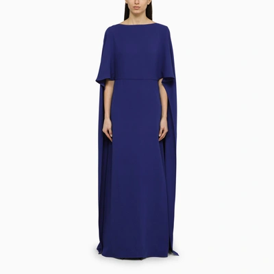 Valentino Silk Boat Neckline Dress With Cape Design In Blue