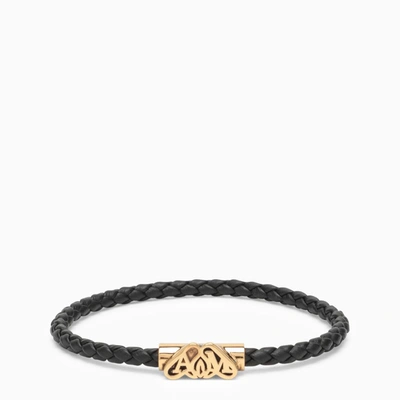 Shop Alexander Mcqueen Seal Black/gold Leather Logo Bracelet