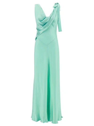 Shop Alberta Ferretti Light Blue Long Draped Dress With V Neckline In Satin Woman