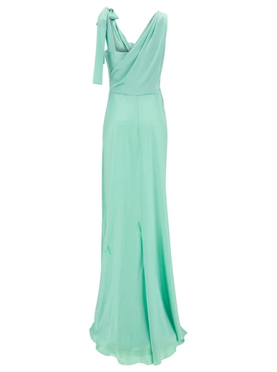 Shop Alberta Ferretti Light Blue Long Draped Dress With V Neckline In Satin Woman