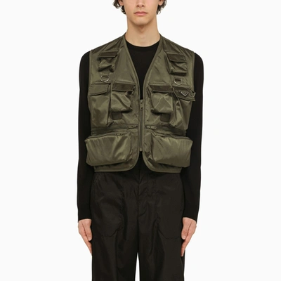 Shop Prada Military Green Re-nylon Multi-pocket Waistcoat