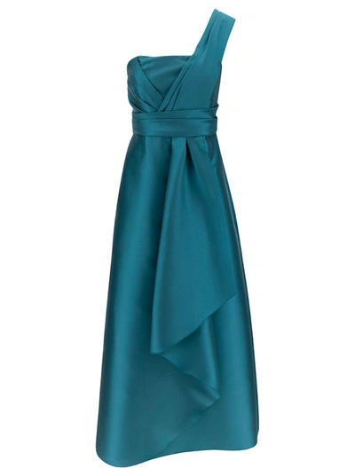 Shop Alberta Ferretti 'mikado' Light Blue Maxi One-shoulder Draped Dress In Satin Woman