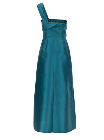 Shop Alberta Ferretti 'mikado' Light Blue Maxi One-shoulder Draped Dress In Satin Woman