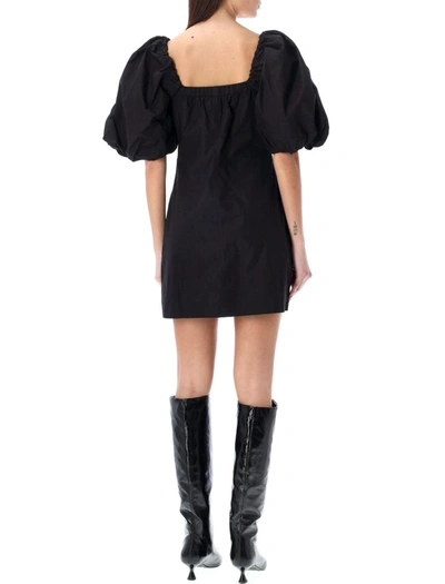 Shop Ganni Poplin Puff Sleeves Mini Dress In Black