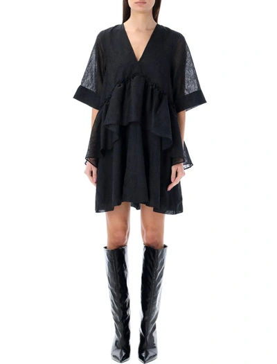 Shop Ganni Crinckled Georgette Flounce Mini Dress In Black