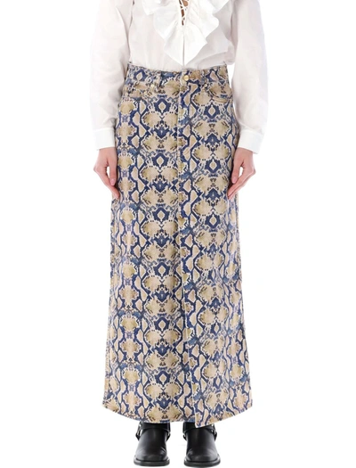 Shop Ganni Snake Printed Long Skirt In Blue Roccia