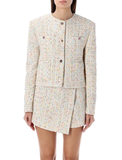 Shop Msgm Tweed Cropped Jacket In White Multicolor