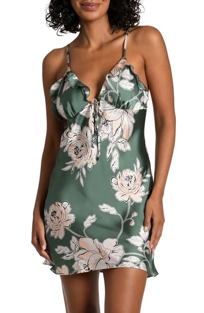 Midnight Bakery Fiji Floral Print Ruffle Trim Satin Chemise In Simple Floret