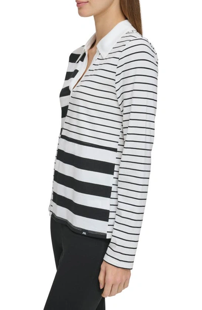 Shop Andrew Marc Sport Mixed Stripe Long Sleeve Polo In White/ Black