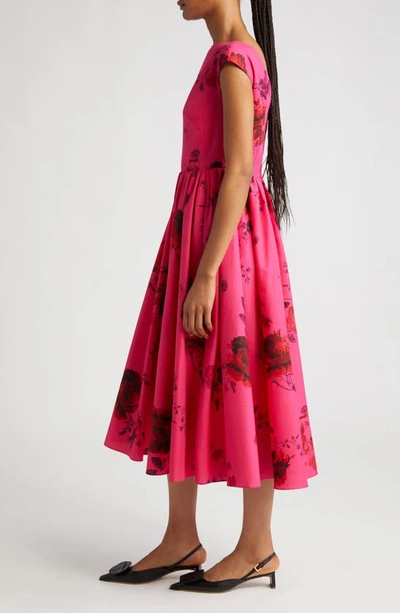 Shop Erdem Floral Print Pleated Cotton Faille A-line Midi Dress In Cerise