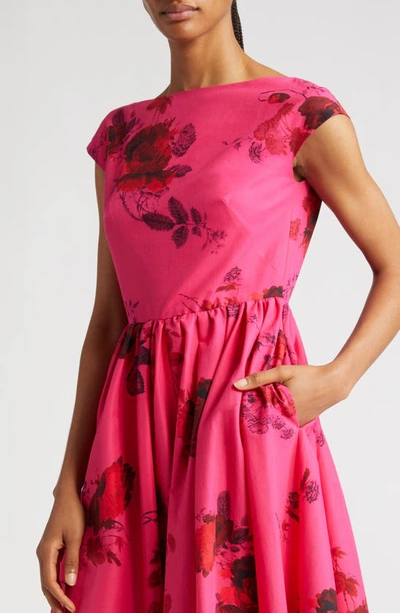 Shop Erdem Floral Print Pleated Cotton Faille A-line Midi Dress In Cerise