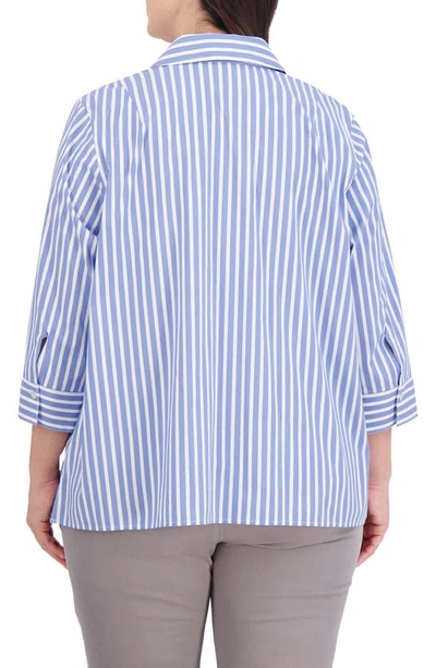 Shop Foxcroft Sophia Stripe Three-quarter Sleeve Stretch Button-up Shirt In Periwinkle