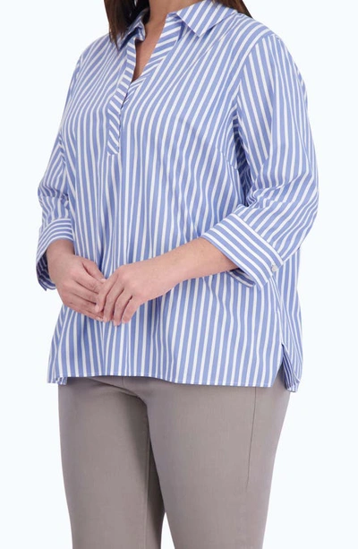 Shop Foxcroft Sophia Stripe Three-quarter Sleeve Stretch Button-up Shirt In Periwinkle