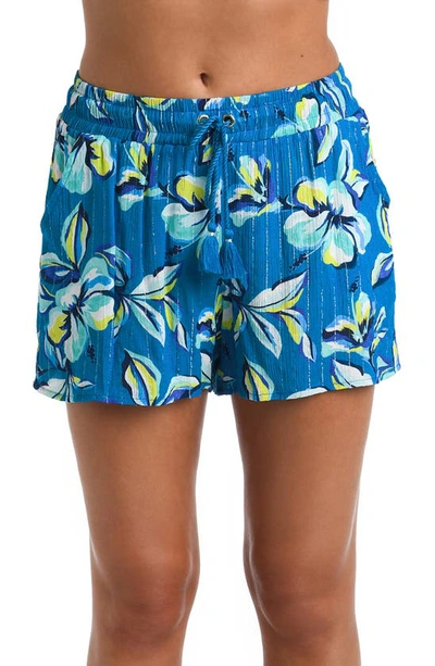 Shop La Blanca Floral Metallic Stripe Cover-up Shorts In Ocean