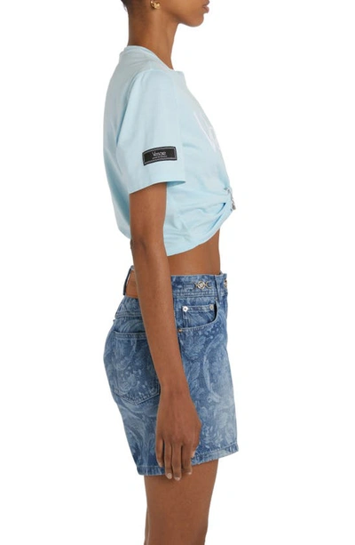 Shop Versace 1978 Re-edition Logo Safety Pin Crop Graphic T-shirt In Pale Blue/ Bianco