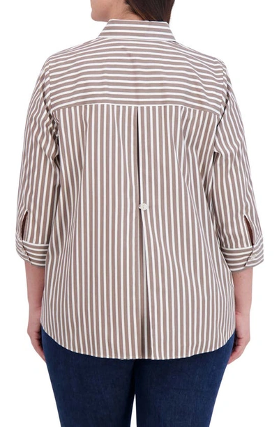 Shop Foxcroft Kelly Stripe Cotton Blend Button-up Shirt In Brown