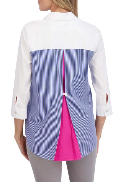 Foxcroft Kelly Colorblock Cotton Blend Button-up Shirt In Blue White Stripe