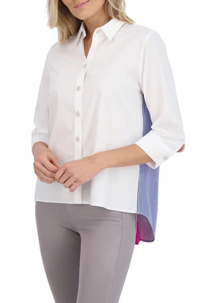 Foxcroft Kelly Colorblock Cotton Blend Button-up Shirt In Blue White Stripe