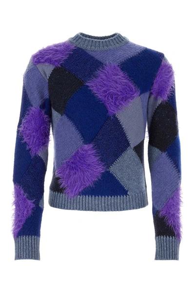 Marni Crewneck Rhombus Intarsia Sweater Ocean Blue In Checked