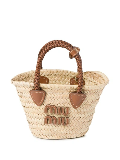 Shop Miu Miu Logo-appliqué Woven Tote Bag In Naturale+cognac