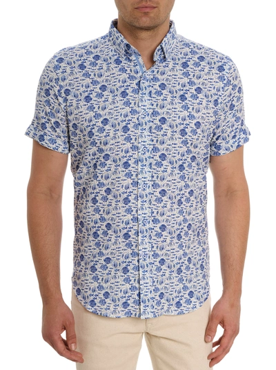 Robert Graham Fenwick Fish Print Short Sleeve Button-up Shirt In Blue