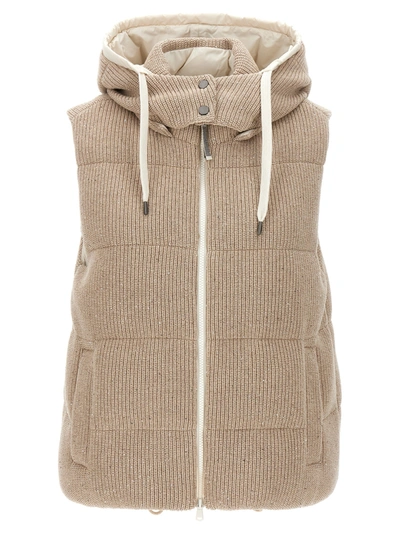 Brunello Cucinelli Cotton Knit Vest With Down Padding And Removable Hood In Beige