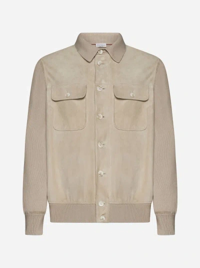 Shop Brunello Cucinelli Suede And Knit Jacket In Biscuit