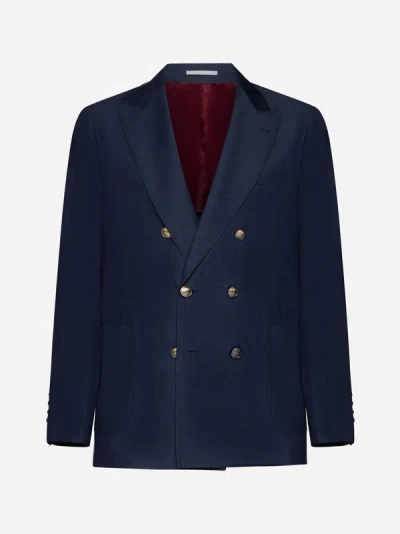 Shop Brunello Cucinelli Wool And Linen Double-breasted Blazer In Blue